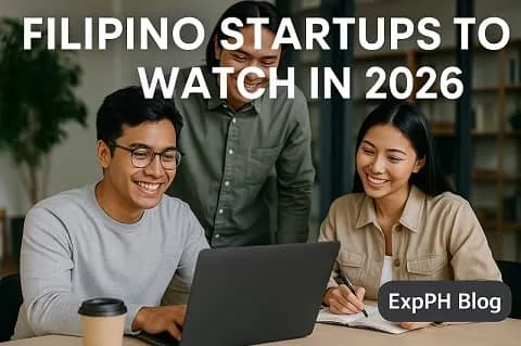Young Filipino professionals collaborating in a modern office representing innovative Filipino startups to watch in 2026 with the ExpPH Blog logo.