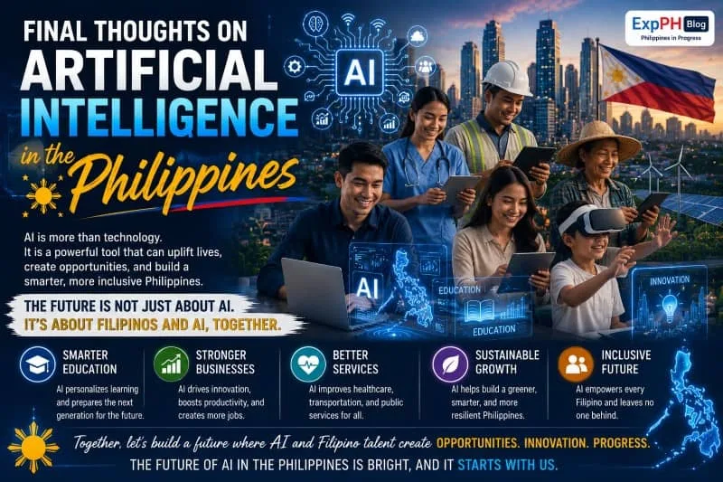 Realistic image showing Filipinos using artificial intelligence for education, healthcare, business, innovation, and sustainable development with Philippine skyline and ExpPH Blog logo.