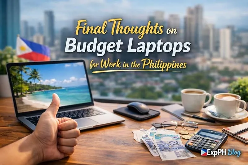 Filipino workspace with a budget laptop, cash, calculator, coffee, and a thumbs-up hand gesture with a city skyline in the background