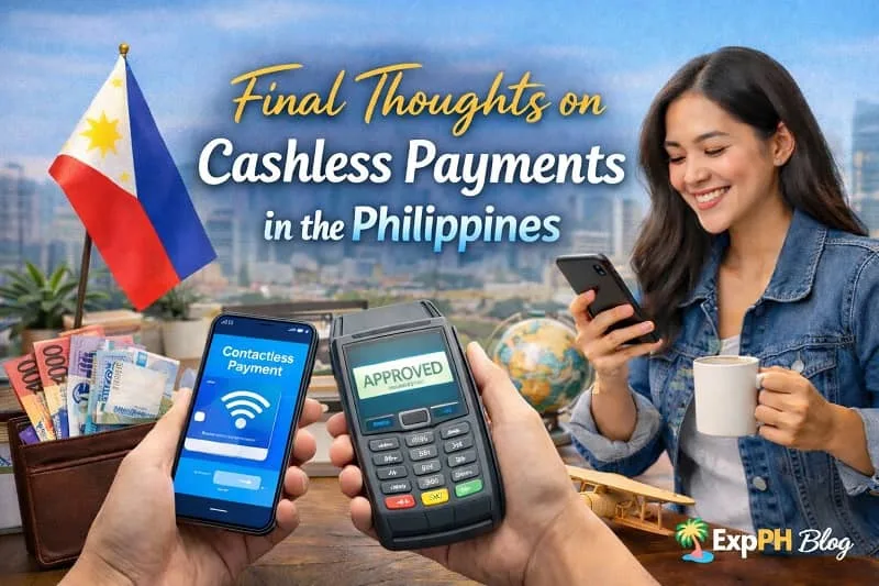 Filipino woman using smartphone for contactless transactions with payment terminal, Philippine flag, and cash, representing final thoughts on cashless payments in the Philippines