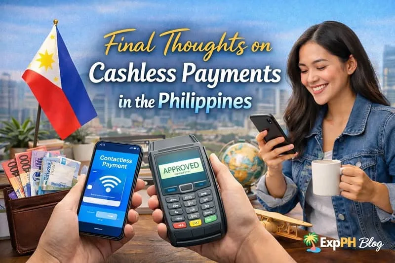 Filipino woman using smartphone for cashless payments with contactless payment terminal, Philippine flag, and cash, representing final thoughts on cashless payments in the Philippines