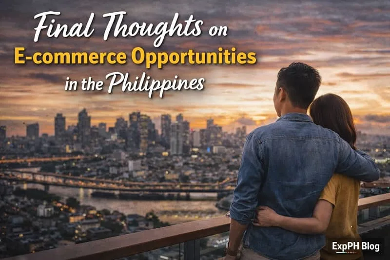 Filipino couple overlooking city skyline reflecting on e-commerce opportunities and future growth in the Philippines