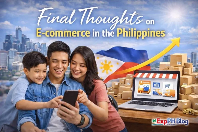 Filipino family using a smartphone with Metro Manila skyline, Philippine flag, and e-commerce setup with laptop and packages, showing growth in online business with ExpPH Blog logo