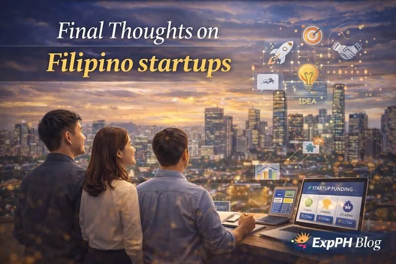 Filipino entrepreneurs looking over a modern city skyline while discussing startup ideas and innovation representing final reflections on the growth of Filipino startups with the ExpPH Blog logo.