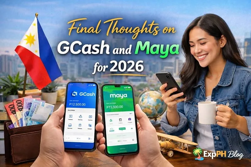 Filipino woman using smartphone with GCash and Maya apps displayed on mobile screens, with Philippine flag and cash, representing GCash and Maya in 2025 and final thoughts on digital wallets in the Philippines for 2026