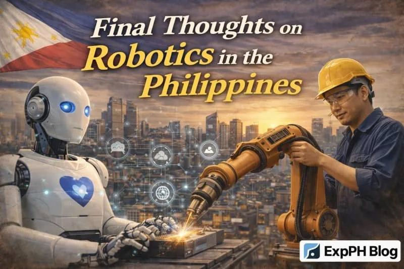 Filipino engineer working with industrial robot and humanoid robot in city background representing future robotics in the Philippines with ExpPH Blog logo