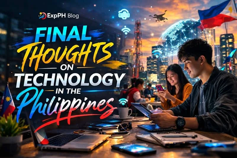 Filipino professional using laptop and smartphone with Manila skyline and Philippine flag while working with modern technology, representing final thoughts on technology in the Philippines
