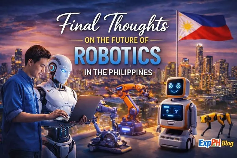 Filipino professional working with humanoid robot and advanced robotic machines in a modern city setting, representing the future of robotics in the Philippines