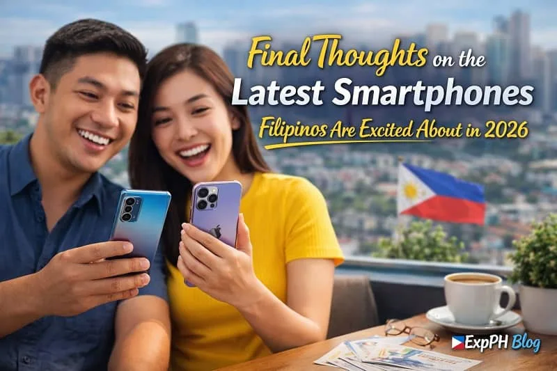 Filipino professionals using modern smartphones with futuristic features in a city setting, highlighting the latest mobile technology trends for 2026