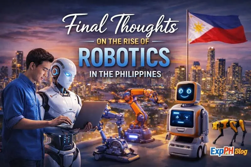 Filipino man working with humanoid robot and robotic machines in a modern city setting, representing the rise of robotics in the Philippines