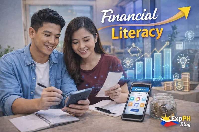 Filipino couple budgeting expenses using calculator, receipts, and mobile finance app