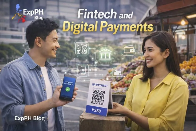Filipino man paying with smartphone using QR code at a market stall representing fintech and digital payments in the Philippines
