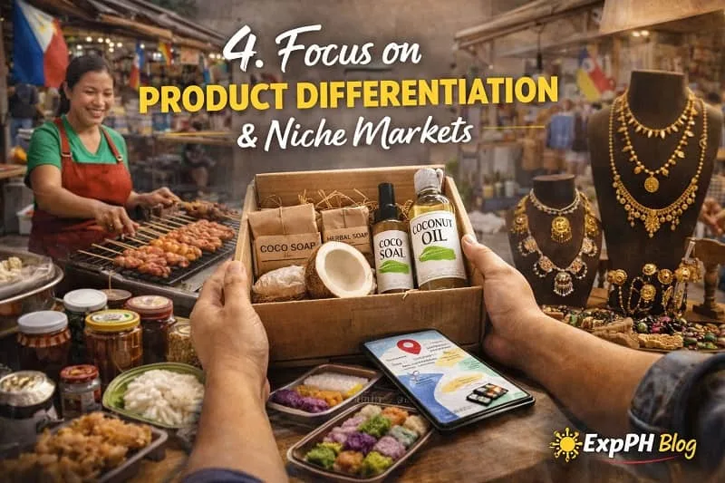 Filipino entrepreneur showcasing unique local products like coconut oil, handmade soap, jewelry, and street food in a vibrant market setting