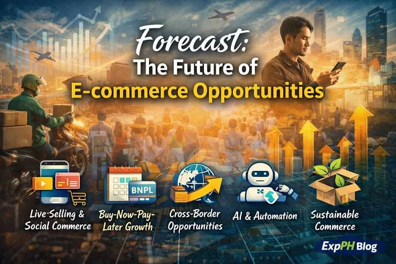 A Filipino online seller and delivery rider representing future e-commerce opportunities in the Philippines, highlighting trends such as social commerce, digital payments, cross-border trade, and technology-driven online selling.