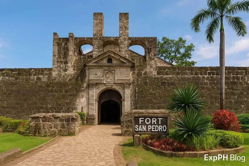 Realistic view of Fort San Pedro in Cebu with its stone walls, arched entrance, garden landscape, clear blue sky, and the ExpPH Blog logo in the lower corner.