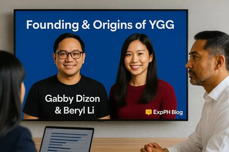 Presentation slide showing the founders of Yield Guild Games YGG, Gabby Dizon and Beryl Li, with the ExpPH Blog logo displayed during a meeting.