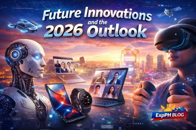 Realistic futuristic technology scene with Manila skyline, featuring AI robot, VR headset, smart devices, and bold mixed-font title text with ExpPH Blog logo.