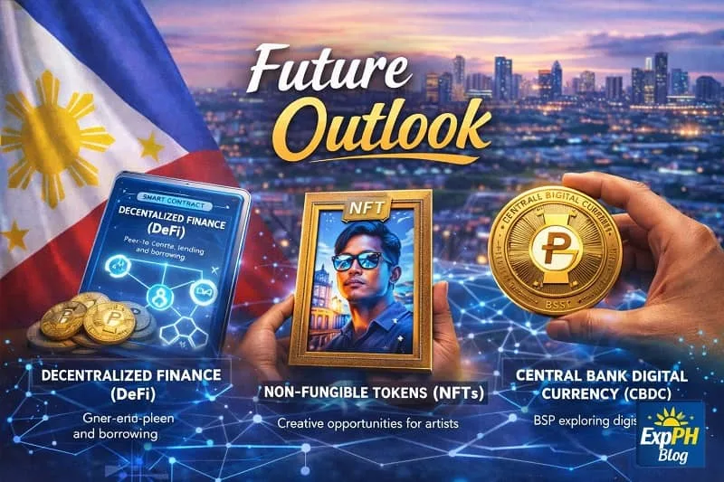 Future outlook of cryptocurrency in the Philippines showing DeFi, NFTs, and central bank digital currency with a Manila skyline, Philippine flag, and ExpPH Blog logo