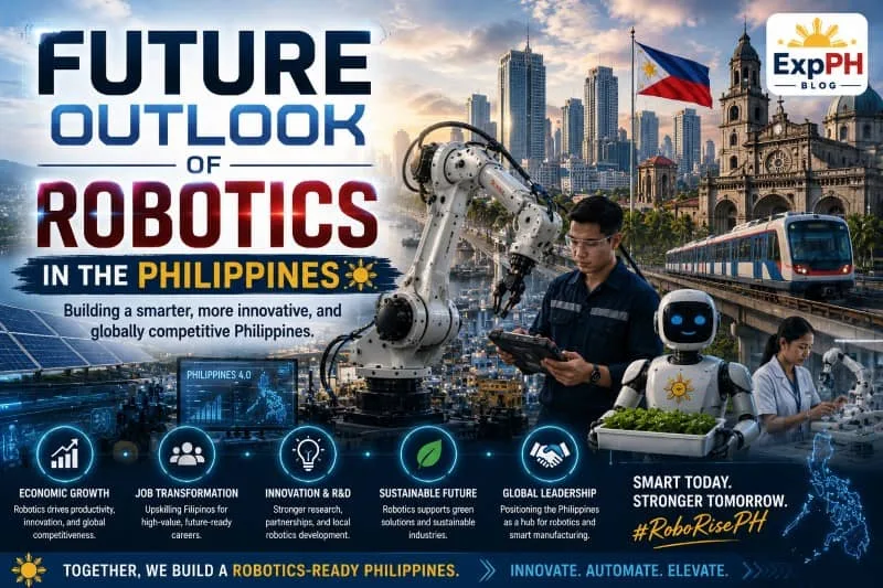 Realistic futuristic image showing advanced robotics, Filipino engineers, smart factories, AI technology, automated systems, and the ExpPH Blog logo representing the future of robotics in the Philippines.