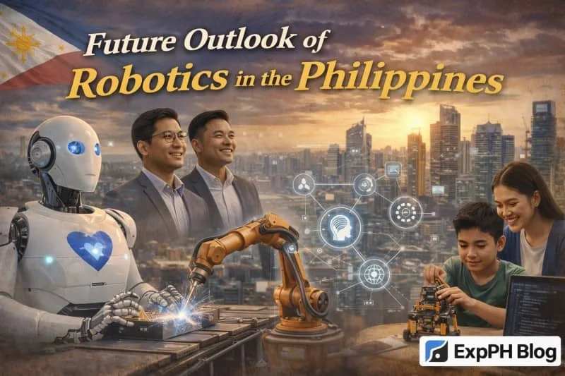 Filipino professionals and students using advanced robotics with city skyline, showing future robotics development in the Philippines with ExpPH Blog logo