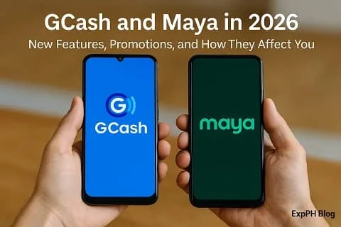 Two smartphones displaying GCash and Maya apps side by side, showing updates and new features for 2026 with the ExpPH Blog logo.
