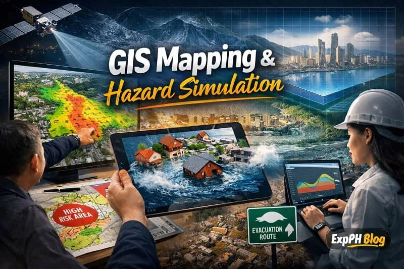 GIS mapping and hazard simulation showing flood risk zones, evacuation routes, and urban areas in the Philippines with Filipino disaster planners analyzing data