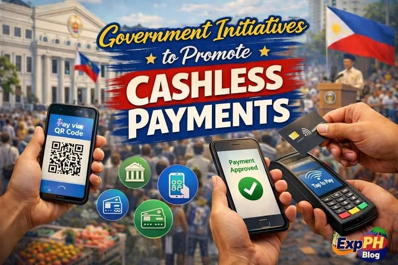 Filipino government office setting with citizens using QR code payments and digital kiosks, promotional banner about cashless transactions, and ExpPH Blog logo visible