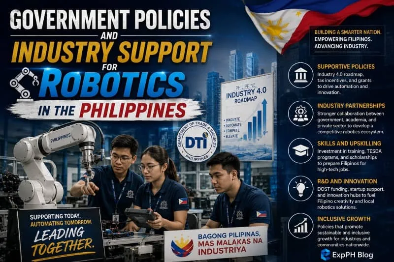 Filipino students and engineers working with industrial robots while government and Industry 4.0 policies supporting robotics development in the Philippines are displayed.