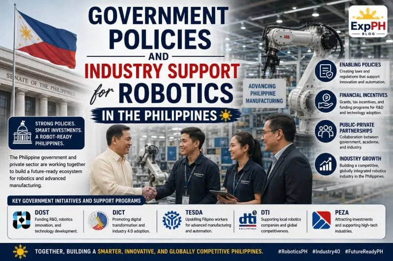 Realistic image showing Philippine government support for robotics with Filipino professionals, robotic arms, modern factories, policy discussions, and the ExpPH Blog logo in an industrial technology setting.