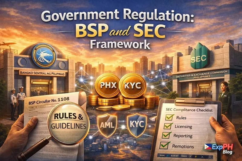 Realistic visual showing Philippine government regulation of cryptocurrency, highlighting BSP and SEC oversight, compliance, and secure digital finance with Filipino institutions and symbols.