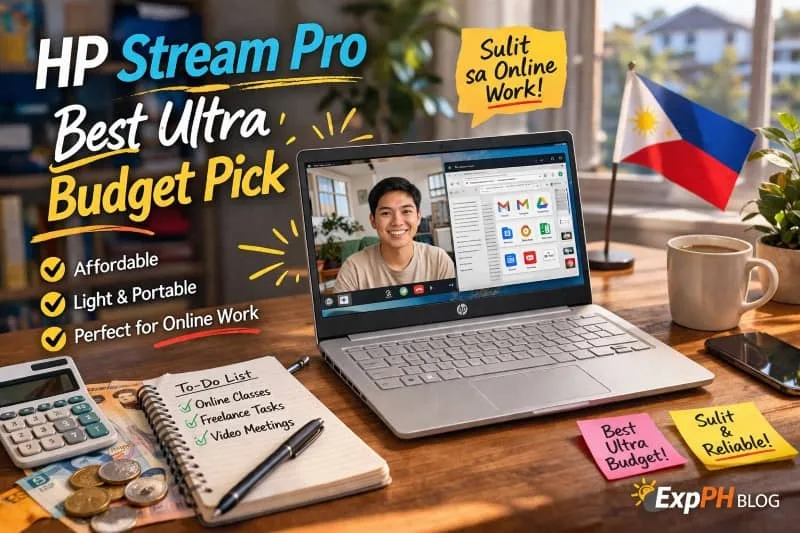 HP Stream Pro laptop on a Filipino desk setup with budget workspace items, best affordable laptop for online work