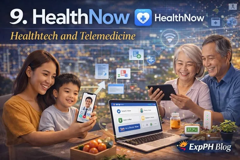 Filipino family and elderly couple using smartphones and tablets for online doctor consultations through a telemedicine platform representing HealthNow digital healthcare services in the Philippines with the ExpPH Blog logo.