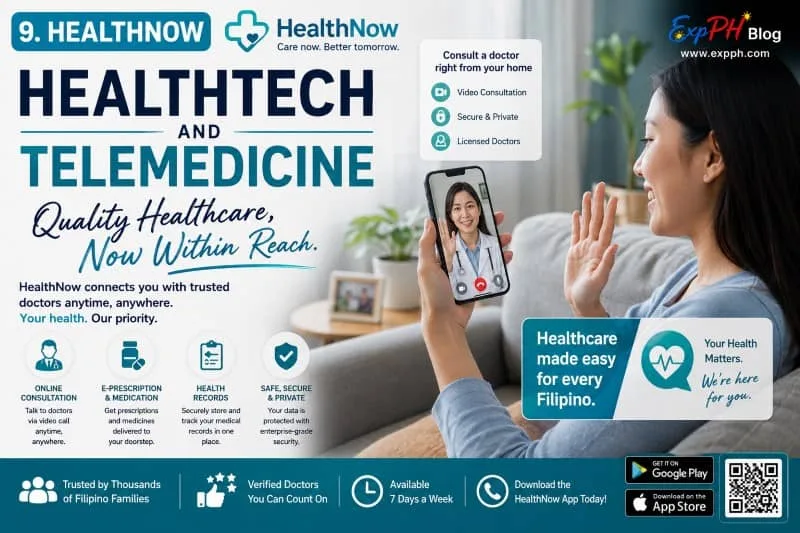 Realistic image of a Filipino patient using the HealthNow telemedicine app for online healthcare consultation with ExpPH Blog logo.