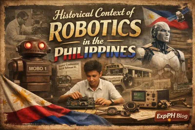 Filipino engineer working on early robotics technology with vintage machines and modern robot, Philippine flag in background, realistic style with ExpPH Blog logo