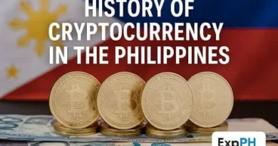 A realistic image showing Bitcoin coins placed on Philippine peso bills with the Philippine flag in the background and a small ExpPH Blog logo in the lower right corner.