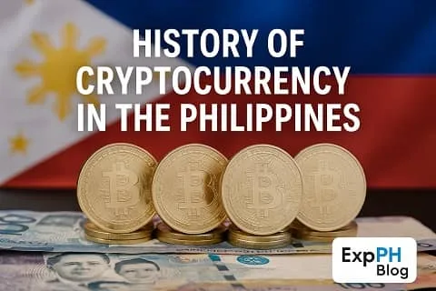 A realistic image showing Bitcoin coins placed on Philippine peso bills with the Philippine flag in the background and a small ExpPH Blog logo in the lower right corner.