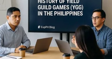 Filipino professionals discussing the history of Yield Guild Games during a meeting with the ExpPH Blog logo displayed on the screen.