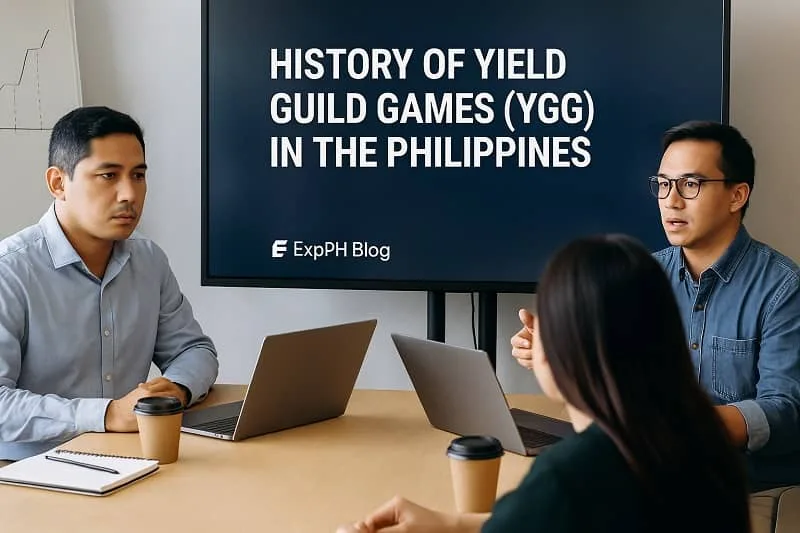 Filipino professionals discussing the history of Yield Guild Games during a meeting with the ExpPH Blog logo displayed on the screen.