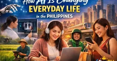 Filipino professionals using artificial intelligence in daily life including healthcare, agriculture, transportation, and remote work in the Philippines