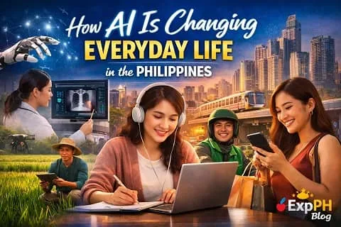 Filipino professionals using artificial intelligence in daily life including healthcare, agriculture, transportation, and remote work in the Philippines