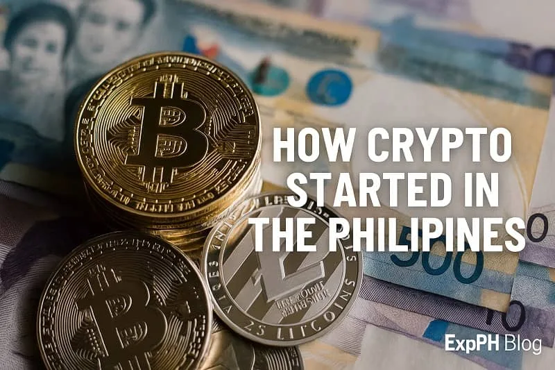 Realistic photo of cryptocurrency coins like Bitcoin and Litecoin placed on Philippine peso banknotes, illustrating how crypto started in the Philippines, with the ExpPH Blog logo in the corner.