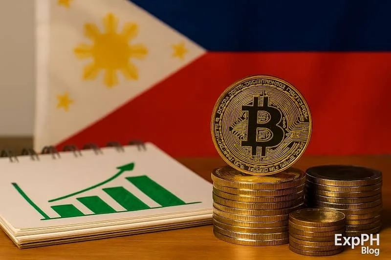 A realistic photo of a Bitcoin standing on stacked coins beside a hand drawn growth chart, with the Philippine flag in the background and the ExpPH Blog logo at the bottom corner.