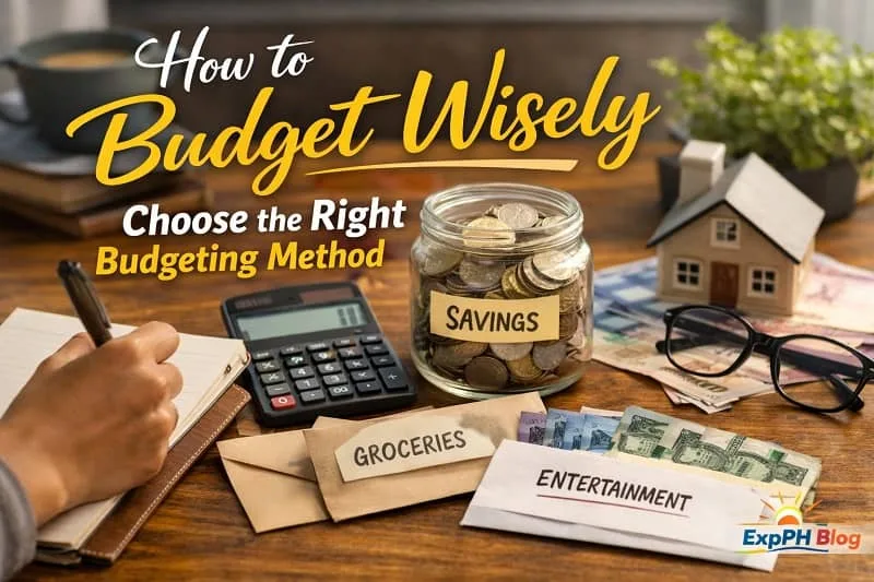 A Filipino budgeting setup showing a person writing in a notebook with a calculator, savings jar, budget envelopes, and cash on a table, with text saying How to Budget Wisely and Choose the Right Budgeting Method, and the ExpPH Blog logo.