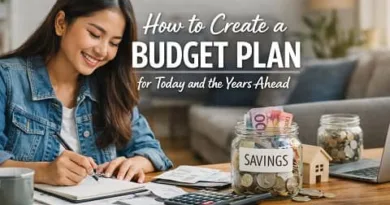 Filipino woman writing a budget plan at home with savings jar calculator and notebook showing practical money planning for today and the years ahead