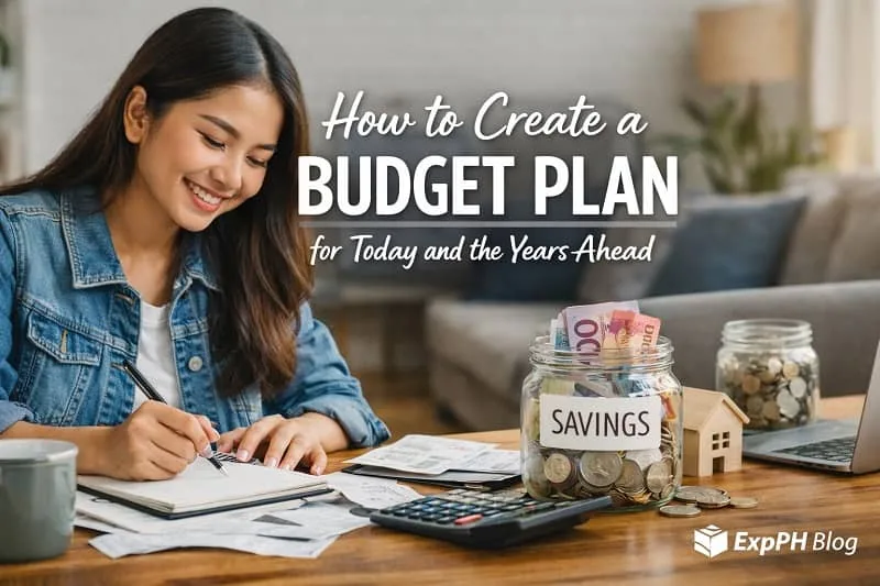 Filipino woman writing a budget plan at home with savings jar calculator and notebook showing practical money planning for today and the years ahead