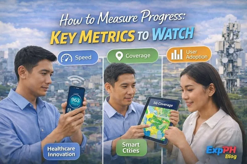 Realistic image of Filipino professionals reviewing 5G speed tests and coverage maps on smartphones and tablets near a telecom tower, with mixed-font typography and the smaller ExpPH Blog logo.