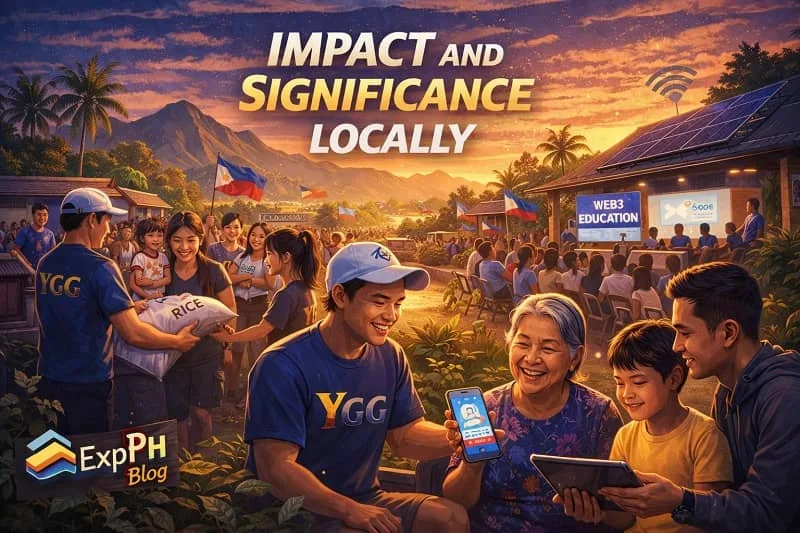 Filipino community scene showing the local impact of Yield Guild Games through education, digital skills, and community support, with Web3 learning and Filipino families in a rural setting