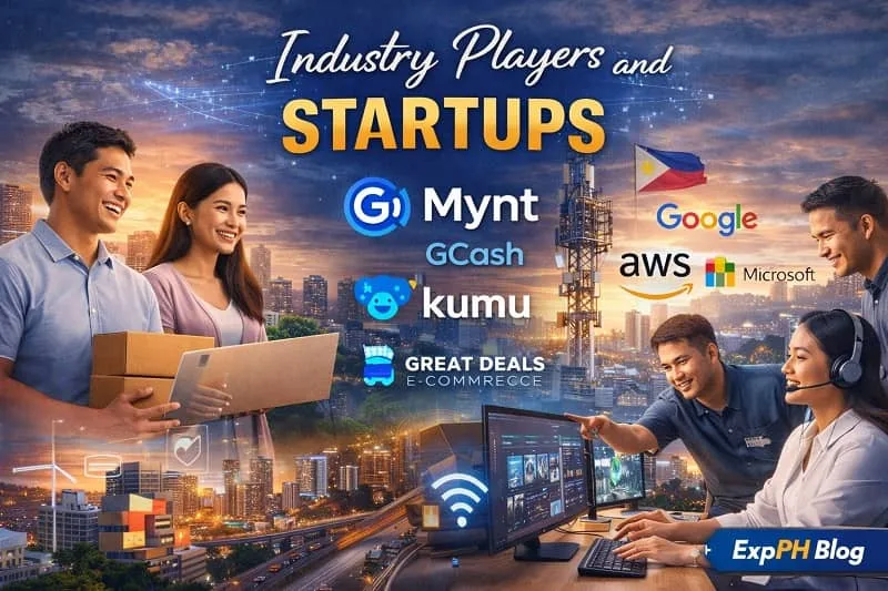 Filipino startup founders and industry professionals working with laptops and digital tools in a modern city setting, representing industry players and startups in the Philippines.