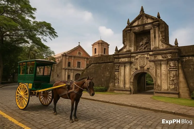 Realistic view of Intramuros Manila with a horse drawn kalesa on cobblestone streets beside historic stone walls and church architecture, with the ExpPH Blog logo at the bottom corner.