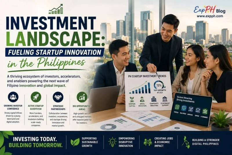 Realistic image of Filipino entrepreneurs and investors discussing startup growth and innovation in a modern office with ExpPH Blog logo.